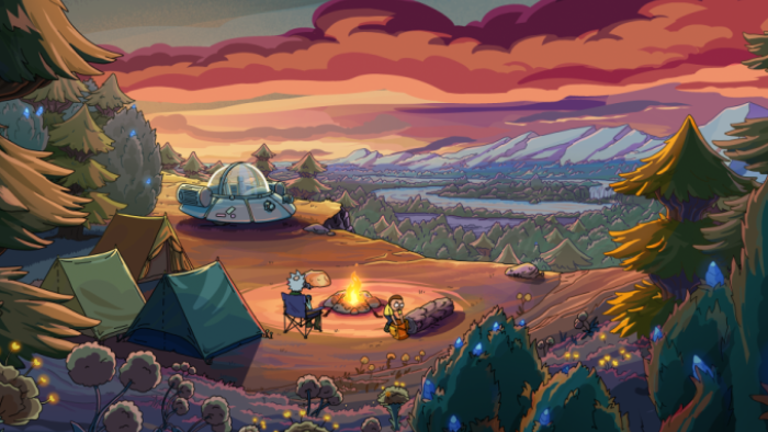 Rick and Morty: Season 7: An alien creature tends a fire in the background of a landscape of mountains and forest at sunset
