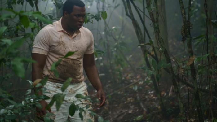 Saint X TV show: Gogo is in the forest, looking distraught. His resort uniform is stained with something dark that looks like mud or blood. 
