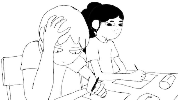 Samuel sits at a schooldesk next to Mabel, both of them writing something on paper