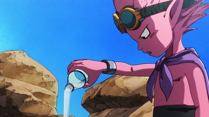 Sand Land screenshot 2: Beelzebub, a small pink demon, pours water from a plastic bottle on the ground.