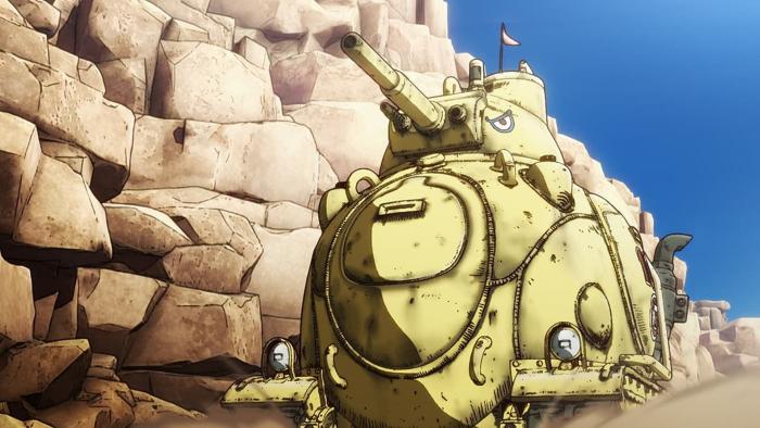 Sand Land: A large, round, yellow military tank drives through a desert canyon.