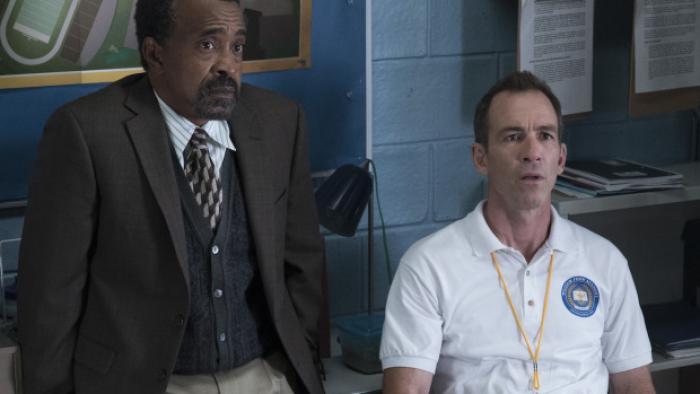 Schooled TV Series: Principal Glascott (Tim Meadows) and Coach Mellor (Bryan Callen) take a conference