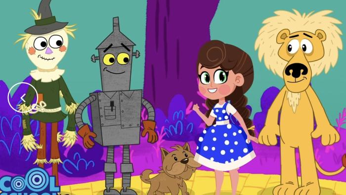 Animated Wizard of Oz characters pose.