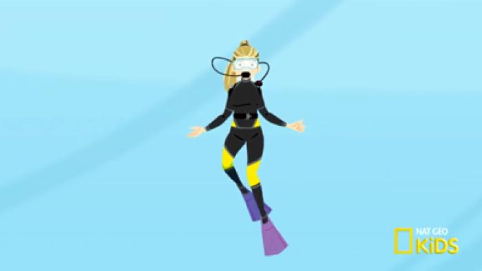 Scuba Sam's World: Graphic of a female scuba diver floating underwater looking at the camera with "National Geographic Kids" in the corner.