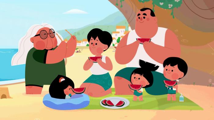 Silly Sundays TV show screenshot 1: Mel, Sonia and Hugo eating watermelon slices at the beach with Grandma, Mom and Dad