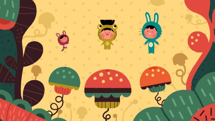 Silly Sundays screenshot 2: Mel, Sonia and Hugo play pretend dressed in animal-shaped onesies. They jump in the air after bouncing on mushrooms.