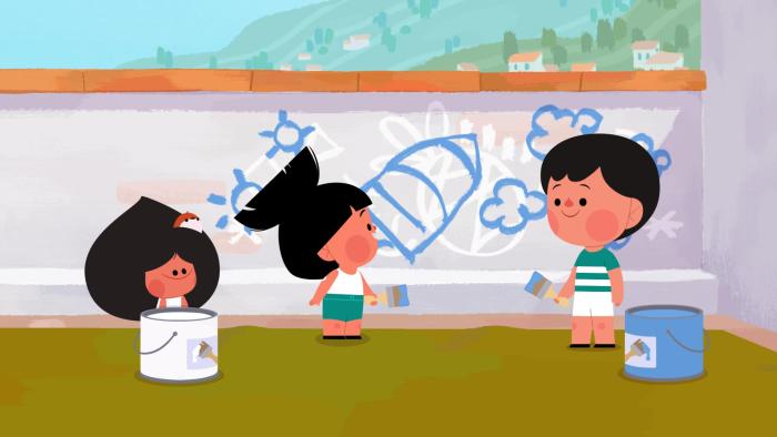 Silly Sundays TV show screenshot 3: Mel, Sonia and Hugo paint blue pictures on a while wall.
