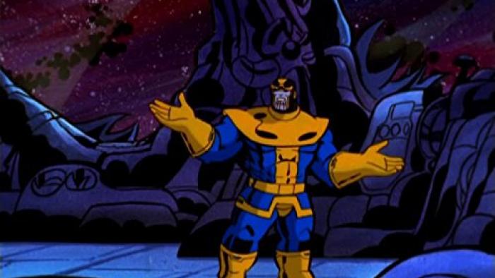 Silver Surfer TV show screenshot 2: The purple-hued villain Thanos stands with his arms outstretched in an explanatory pose