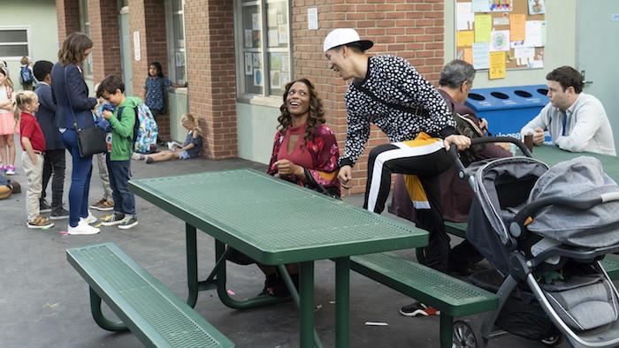 Single Parents TV Series: Miggy and his baby talk with Poppy outside of school. 