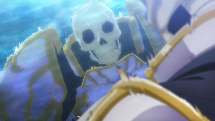Skeleton Knight in Another World: Close-up of a skeleton wearing a suit of armor. The image is blurred with light action lines as he moves quickly.