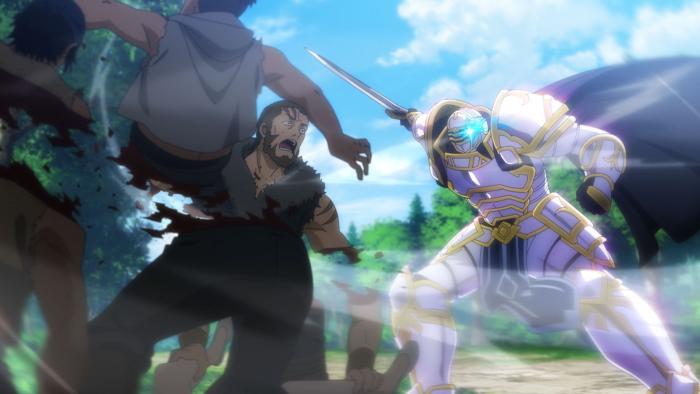 Skeleton Knight in Another World: Arc swiftly and powerfully cuts three bandits in half.