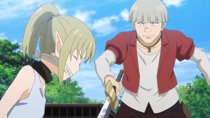 Skeleton Knight in Another World: A smirking man threatens a crying elf with a sword. She is gagged with a strip of cloth and chained around the neck.