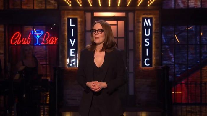 Opening night host of Saturday Night Live: UK Tina Fey delivers her monologue