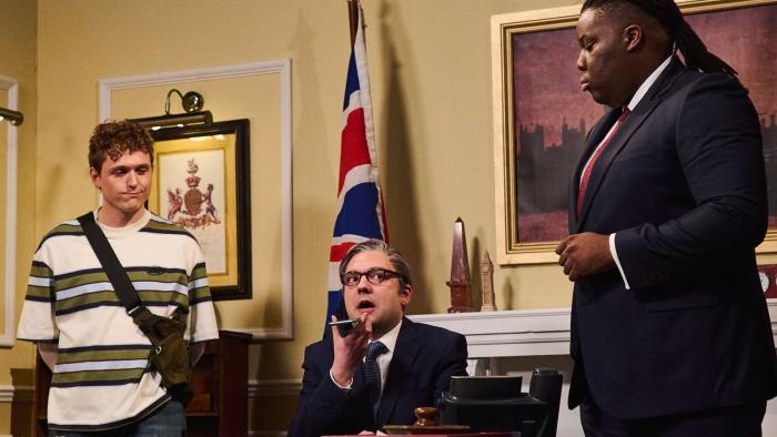 Jack Shep, George Fouracres, and Hammed Animashaun perform in a sketch centering British Prime Minister Keir Starmer on Saturday Night Live: UK