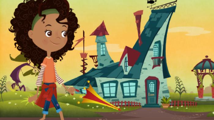 Cartoon of a brown-skinned girl, Manu, in orange t-shirt walks outdoors; stylized blue house in background.