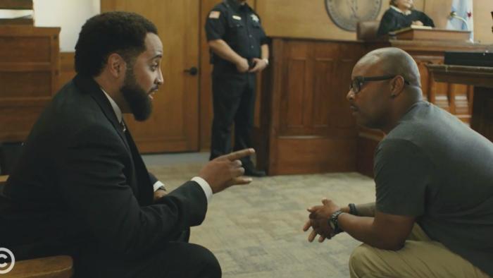 South Side Television: Scene 3 Allen and Simon scheme in a courtroom