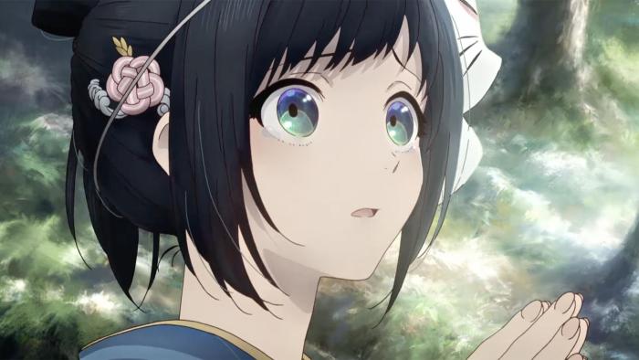 Sparks of Tomorrow TV show screenshot 2: A young woman in a blue kimono looks ahead with wide eyes in a forest. 