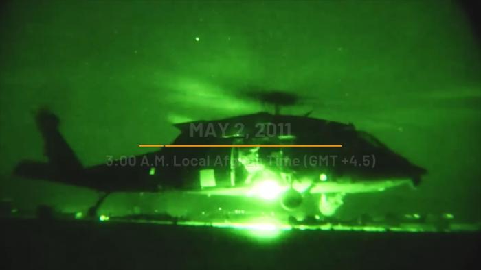 Night vision helicopter. Text on screen reads: “May 2, 2011. 3:00 AM Local Afghan Time (GMT +4.5)”