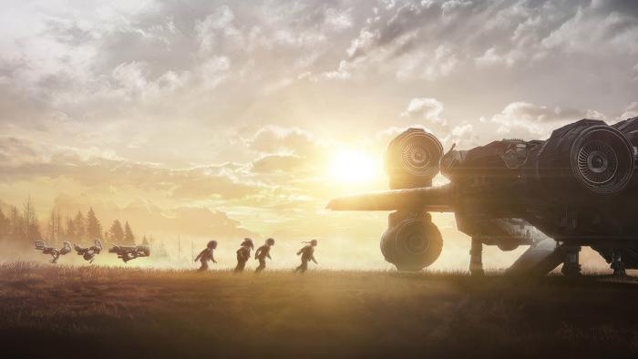 Star Wars Skeleton Crew TV Show Screenshot 3: the kids run towards their pirate space ship
