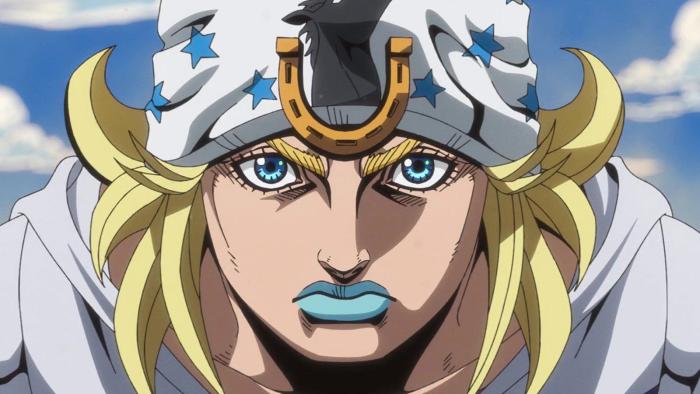 Steel Ball Run: JoJo's Bizarre Adventure: Close-up of Johnny Joestar's face. His bandanna has horse and American flag imagery.
