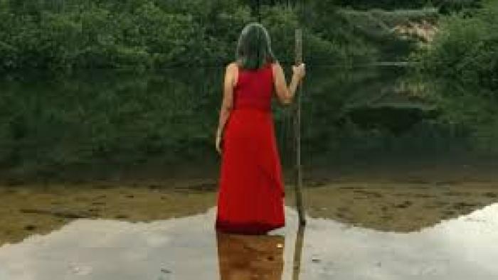 Stranded with My Mother-in-Law TV show screenshot 1: The back of a woman in a red dress standing on a beach.