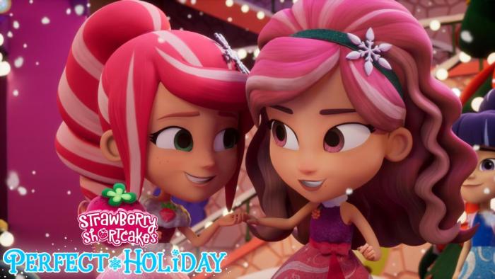 Strawberry Shortcake's Perfect Holiday TV: Strawberry Shortcake and Raspberry Tart whisper to each other 