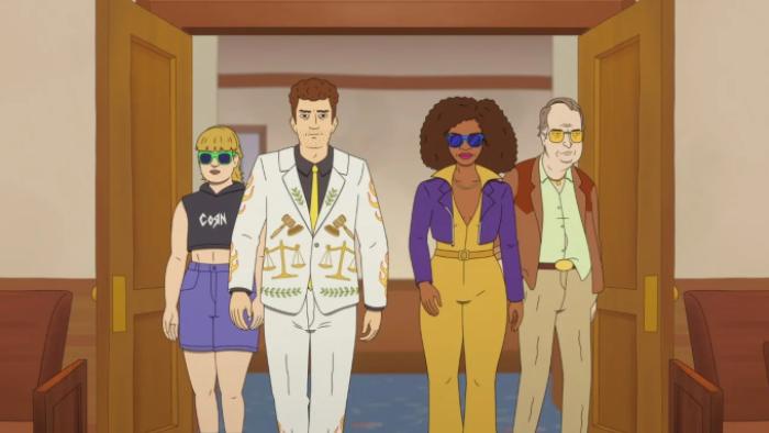 Strip Law: Lincoln and Sheila walk into court, flanked by Irene and Glem; Lincoln wears a flashy white suit with gold details