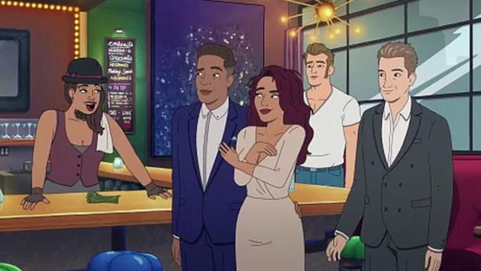 Strip Law: Lawyers confront a bartender inside a bar; the lawyers wear business clothing while the bartender wears a bowler hat and vest