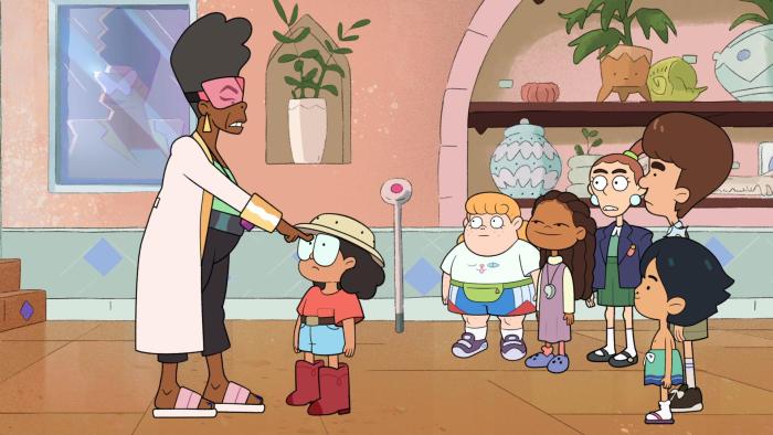 StuGo TV show screenshot 2: Dr. Lullah points a finger to Pliny's forehead. Pliny and the other kids look at her worried.
