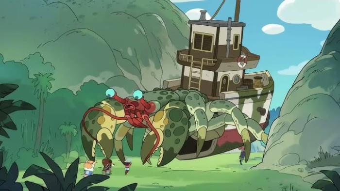 StuGo TV show screenshot 3: A mutant animal mix of lobster and crab has a boat attached to its back. It looks at a group of kids in the forest.