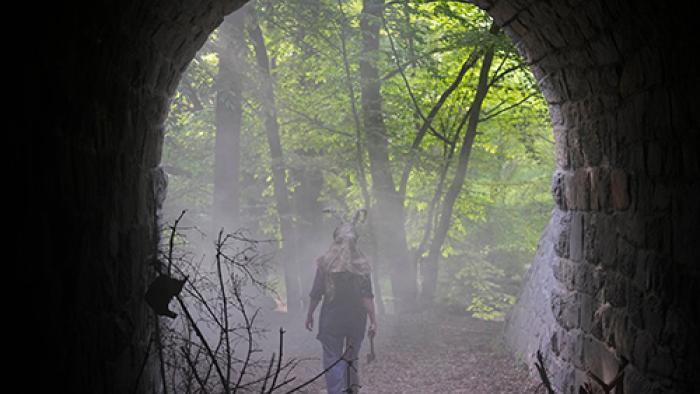 A figure wearing a bunny hood and holding an axe is one hand is pictured from behind, as they walk out of a dark tunnel towards a wooded area in daylight.