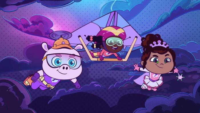 Super Why's Comic Book Adventures TV show screenshot 2: Wonder Red, Princess Presto, and Alpha Pig fly to save the day