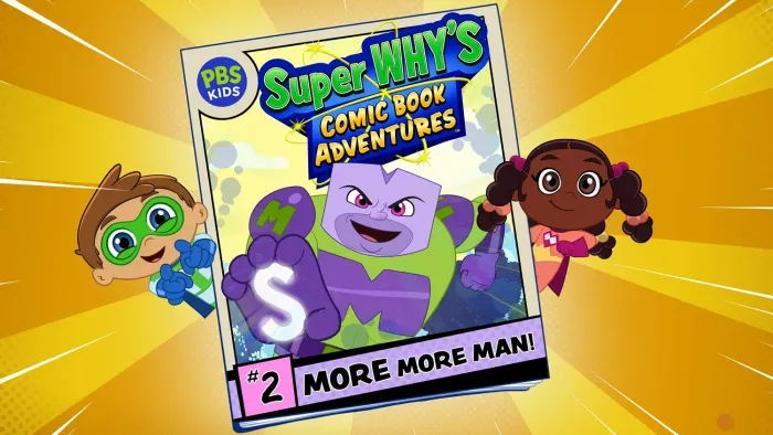 Super Why's Comic Book Adventures TV show screenshot 3: Power Paige and Super Why pose with a comic book