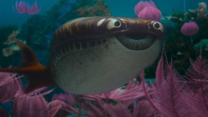 Surviving Earth TV show screenshot: Animated fish smiling among pink aquatic plants.