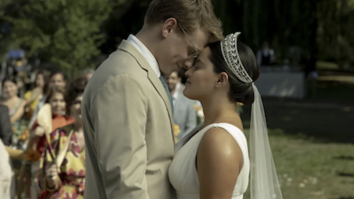 Suspicious Minds TV show screenshot 3: Luisa in wedding dress and tiara rubs noses with fiance. 