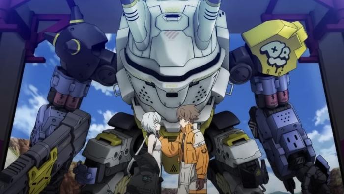 Synduality Noir TV show screenshot #2: A young man stands with an android girl in front of a robot mech, he has his hand on her shoulder and looks concerned. 