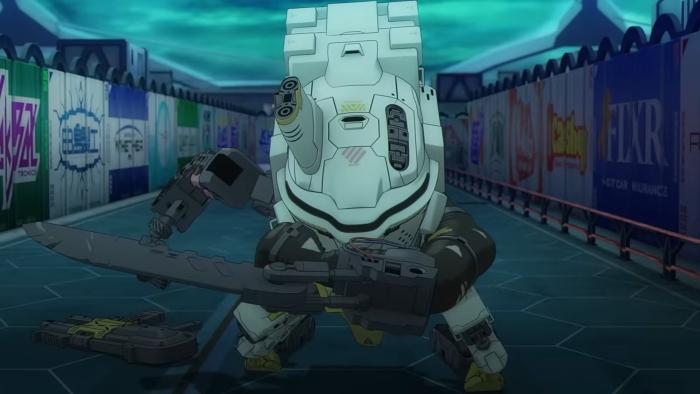 Synduality Noir TV show screenshot #3: A white robot mech stands in a combat stance, it’s brandishing a large mechanical sword and looks ready to attack.