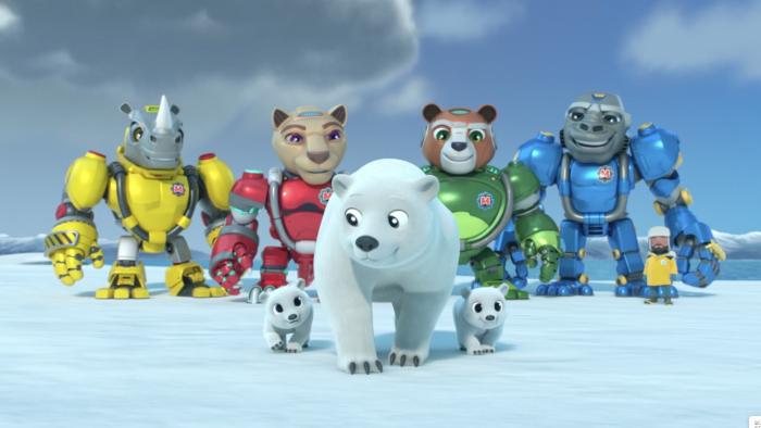 Team Mekbots TV show screenshot 2: Team Mekbots Animal Rescue stand on an ice glacier as a family of white bears walk towards the camera.