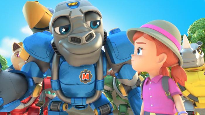 Team Mekbots TV show screenshot 3: Gorilla Mekbot gives a gentle look to a red-haired girl in a beige explorer hat.