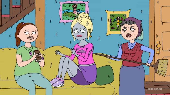 Teenage Euthanasia  TV Show: Baba pokes Trophy as Annie watches.