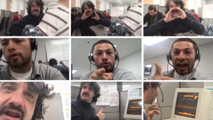 Telemarketers TV show screenshot 1: nine panels, six of which show Pat Pespas, while the other three show Sam Lipman-Stern. Both are shown wearing phone headgear, in front of a 1990s-era computers. 