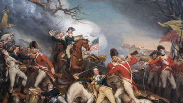 The American Revolution TV show screenshot 1: Painting of George Washington battling British soldiers.