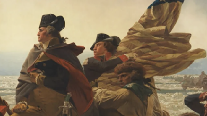 The American Revolution TV show screenshot 3: painting of George Washington on shipt crossing the Delaware River