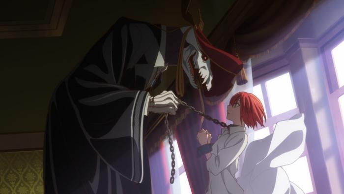 The Ancient Magus Bride: Elias towers over a surprised Chise. He holds a chain clasped around her neck.