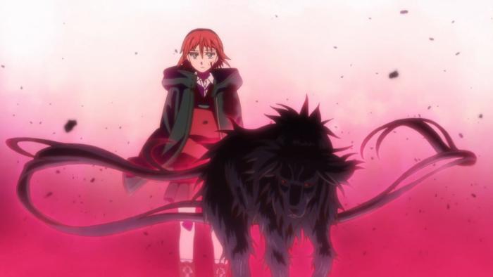 The Ancient Magus Bride: A large, ghostly black dog stands in front of Chise. Both look menacing and are surrounded by a red glow.