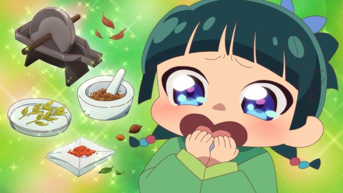 The Apothecary Diaries TV show screenshot 3: Maomao, drawn in a cute chibi form, excitedly imagines an array of medicinal herbs and tools.