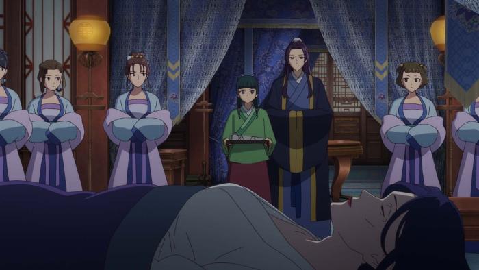 The Apothecary Diaries TV show screenshot 4: Maomao, Jinshi, and a few handmaidens look at the sleeping body of a sick woman.