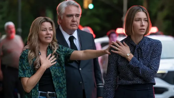 The Better Sister TV show screenshot: two blonde, white women stand shocked, with a white middle-aged man