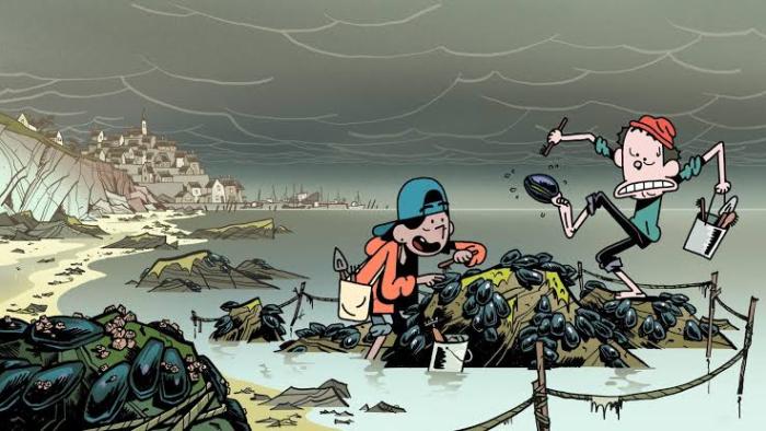 The Doomies TV show screenshot 1: Bobby and Romy harvest mussels in Brittany, France