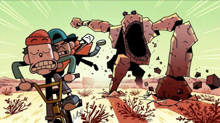 The Doomies TV show screenshot 3: Bobby and Romy flee a chasing monster via bicycle
